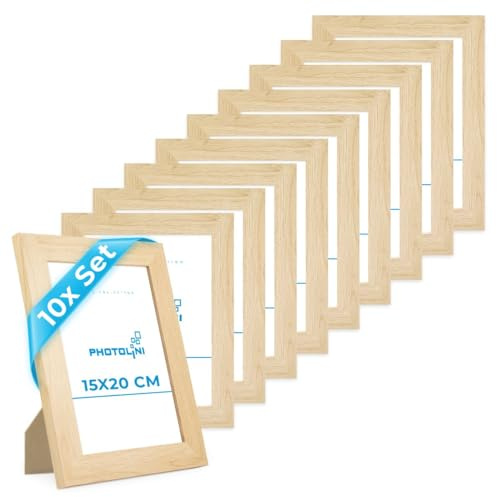 PHOTOLINI Bilderrahmen 15x20 Holz MDF Natur, 10er Set breite Bilderrahmen 20x15, Picture Frame mit Acrylglas, Bilder Rahmen 15 x 20 cm zum Aufhängen & Aufstellen, Rahmen 15x20 mit Zubehör