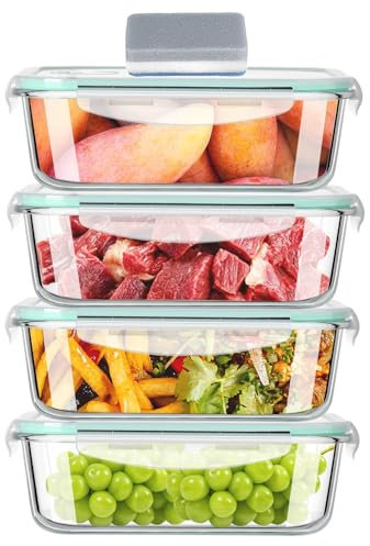 Hcrvvi 4pcs 2260ml Glass Containers With Lids Set, BPA Free, Food Storage, Storage Containers With Lids Airtight & Leakproof Glass Container With Lid - and 1 Cleaning Sponges