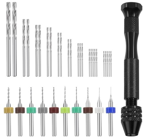 Swpeet 36 Stück Handbohrer Set enthalten Pin Vise Handbohrer, 25 Stück Spiralbohrer und 10 Stück Mini-Bohrer Sortiment Kit, PCB Holzbearbeitung Hand Mini-Bohrer für Harz (0,3-1,2mm Farbe Bits)