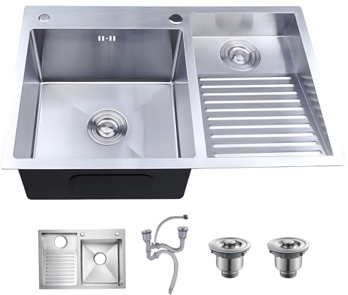 Lavabo doméstico con tabla de lavar, lavabo de acero inoxidable, lavabo multiusos, lavabo para lavandería, doble lavabo, fácil de limpiar (Color: derecho, S: 80 x 48 x 22 cm)