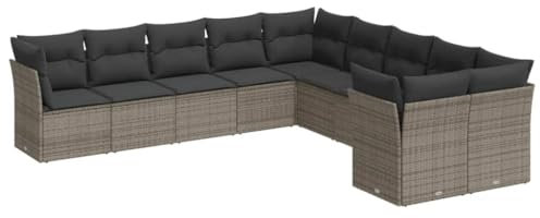 vidaXL Garten Sofagarnitur mit Kissen 10-TLG., Gartenmöbel Gartengarnitur, Sitzgruppe Sitzgarnitur, Lounge Sofa Garnitur Terrasse, Grau Poly Rattan