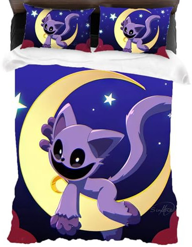 XYOK CatNap Bettwäsche Horrorspiel Bettbezug + 2 Kissenbezug,Huggy Kinder Mikrofaser Bettwäsche-Sets Mit Reißverschluss Steppdeckenbezug (CatNap3, Single 135x200)