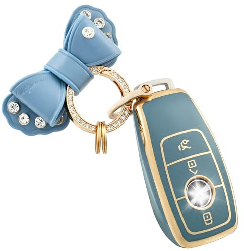 OFF WE GO Coque de Clé Voiture pour Mercedes Benz Accessoire Clé de Voiture avec Porte-clés pour Klasse A B C E S CLA CLS GLA GLS GLE GLC GLK SL SLC SLS SLK Coque Protection Clé Voiture, Or Bleu