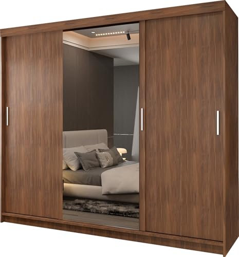 FURNITUREWAVE 3-Door Grey, Black, White, Wenge, Walnut, & Oak Sleek Storage Sliding Modern Wardrobe for All Bedrooms 250cm (Walnut, 250cm)