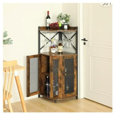WANP-678 Seitenschrank Barschrank mit Glashalter, industrieller Weinschrank mit Netztür, Barschrank for Spirituosen Eckschrank