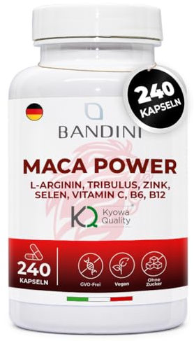 Bandini® MACA POWER 240 Capsule, Maca Peruviana 100% Vegan, Complesso ad Alto Dosaggio con Arginina Kyowa®, Tribulus, Vitamina C, Zinco, B6, B12 e Selenio, Stanchezza Fisica e Mentale, Energia, Sport