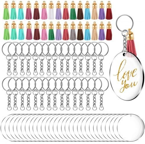 90 Stück Acryl Transparent Kreis Schlüsselbund Set mit runde Acryl Rohlinge Scheiben, Schlüsselringe, Biegeringe und Quasten Anhänger Leder für DIY Schlüsselbund Basteln