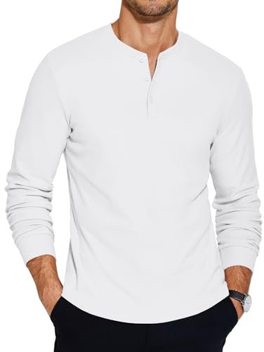 COOFANDY Henley Shirts Long Sleeve Men Grandad T-Shirt Casual Mens Button Tops Basic Winter for Men White XXL