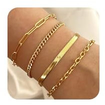 Krfy 4-stück Armband Damen - 14k Gold & Edelstahl Wasserfest Modeschmuck Armkette Damen Kubanische Büroklammer Armband Set
