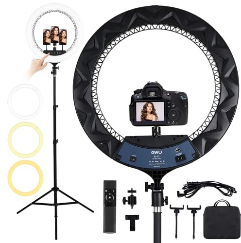 GWO Anillo de luz LED de 21 pulgadas con trípode, 72 W, 6000 K, regulable, para maquillaje, selfie, con panel táctil, soportes para teléfono para YouTube, Vlog Video Shooting, incluye bolsa de