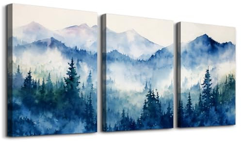 MHARTK66 Aquarell Blau Nebel Wald Leinwand Bilder Set Wohnzimmer, Lila Grün Berge Landschafts Wandbilder Schlafzimmer, Abstrakt Bilde Aesthetic, Modern Minimal Wandeko Badezimmer Flur Büro Essizimmer