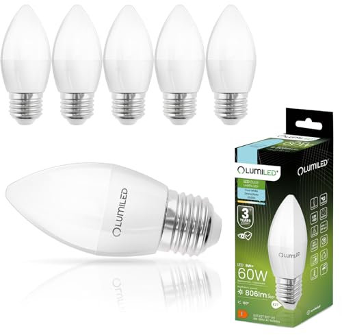 Lumiled B35 E27 LED Lampe 8W (ersetzt 60W), 806 Lumen, Kerze Milch Glas Leuchtmittel in Kerzeform 6500K Kaltweiß Birne Lampen 180° Grad Abstrahlwinkel LED Lampenn Kerzenbirnen 6er-Pack