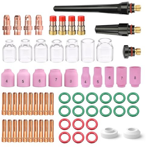 WIG Schweißzubehör Verschleißteile Set, 68 Tlg WIG Schweißbrenner Zubehör Set Spannhülsen Gehäuse Keramikdüsen Wolframelektroden für WP-17/18/26 WIG-Schweißbrenner WIG Gas Objektiv Verbrauchsmaterial