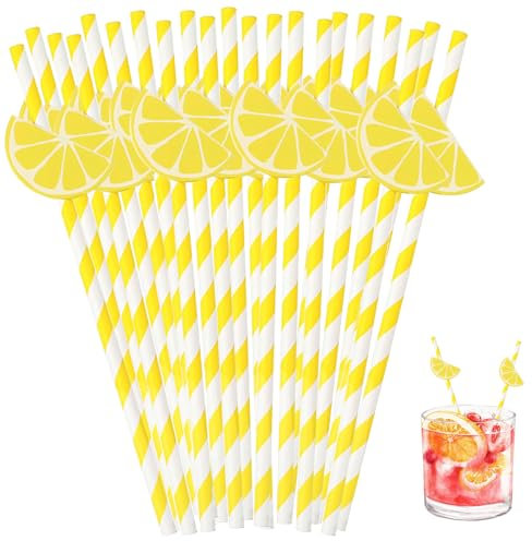 60 Pcs Lemon Paper Straws Disposable Cocktail Straws for Drinks Striped Straw for Milkshake Lemonade Stand Supplies Decorations