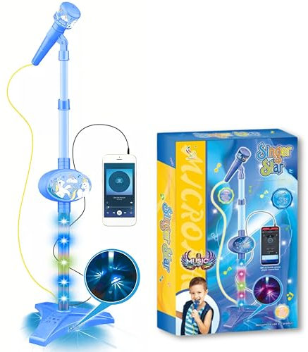 SGM Electronic MP3 Microphone with Light-Up Stand for Kids – Battery-Operated Karaoke Toy, Plug & Play with Demo Music Songs, Singing and MP3 Device Compatibility (Blue)