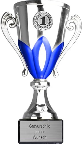 Pokal-Fabrik.de - Pokal mit Gravur Wunschtext in Silber-blau, 15 cm - personalisierte Auszeichnung & Sport Emblem nach Wahl - inkl. Marmorsockel - Geschenk-Trophäe - Pokal Kinder