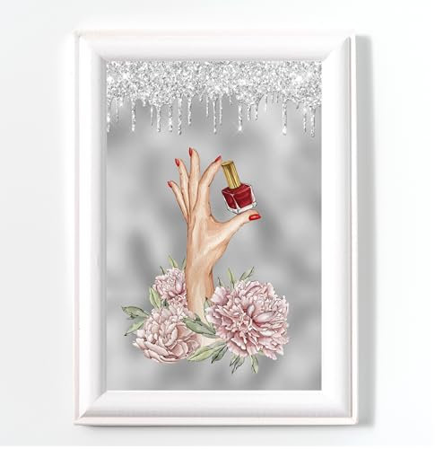 NAIL SALON POSTER PRINT BEAUTY PICTURE GREY WITH DIGITAL GLITTER NO FRAME A4 BEAUTY SALON ARTWORK, GLAM WALL ART, NOT REAL GLITTER 1