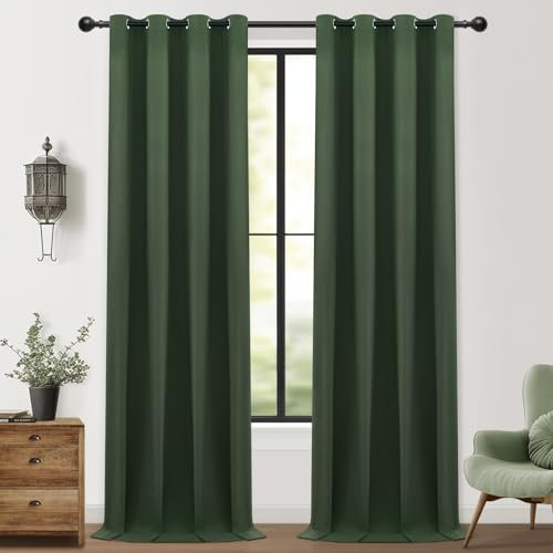 MRTREES Thermovorhang Kälteschutz Wohnzimmer 100% Blackout Curtain, Vorhang Blickdicht Leinenoptik Vintage 2er Set, Vorhänge mit Ösen 245 cm Lang, Gardinen Schlafzimmer 132 cm Breit, Oliv-grün