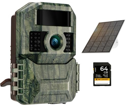 Wildkamera mit 6000mAh wiederaufladbare Batterie und 3W Solar Panels, K&F Concept 48MP 4K Solar Wildtierkamera mit Bewegungsmelder Nachtsicht IP66 und 64GB SD