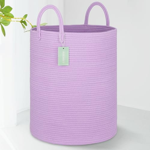 BOSROTY Large Blanket Basket, Tall Laundry Hamper 65L, Nursery Basket with Handles for Storage Toys Clothes Towels, Cotton Rope Woven Organiser, 40 x 50 CM, Purple
