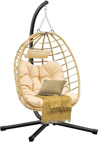 ZRHYRG Gartenschaukel Hängender Schaukelstuhl mit Ständer, Eierstuhl aus Korbgeflecht, für drinnen und draußen, mit Kissen, 150 kg Abdeckung für Gartenstuhl(Beige)
