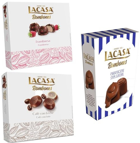 Pack Lacasa bombones chocolate con leche 72 G & bombones café con leche 200 G & bombones frambuesa 200 g