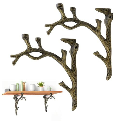 Regalhalter 2 stück Vintage Regalhalterung Zweigform Schwerlast Bücherregal/Blumenregal Vintage Wandhalterung Regalbodenträger Regale Deko für Wohnzimmer, Garten, Bronze Farbe