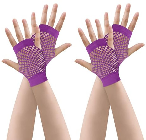 JUNART 2 Paar Mesh-Handschuhe Damen Kurze hochelastische fingerlose Handschuhe für Kostüme Zubehör für Halloween Cosplay Retro Party(lila)