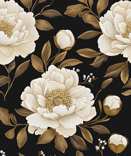 Vintage Floral Wallpaper Peel and Stick, Black Gold/White Large Flower Contact Paper 17.5 x 393.7, Dark Golden Wall Paper Self Adhesive Removable Waterproof for Room Cabinet Drawer Table Decor