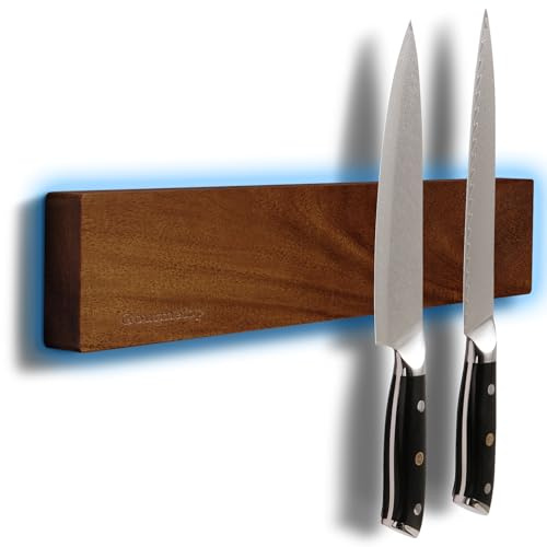 Gourmetop Magnetic Knife Strip 30.5cm, Acacia Wood Knife Holder for Wall | No Drill for Fridge, Dual-Row Magnet Hold 6 Knives & Heavy Cleaver, 3M Tape & Screw Mount, Kitchen Knife & Utensil Organizer