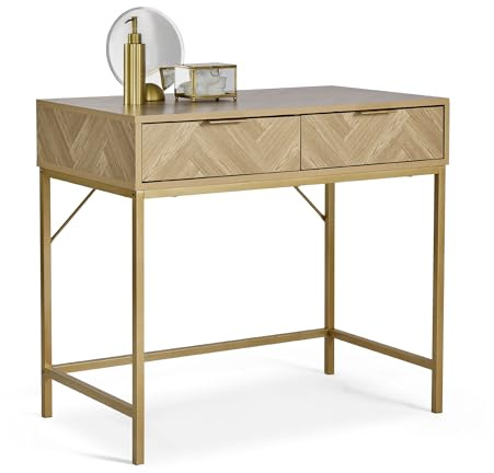 VonHaus Ducie Dressing Table, Light Wood Effect, 2 Drawer | Herringbone, Gold Handles & Legs, Modern Scandi, Vanity Desk for Bedroom