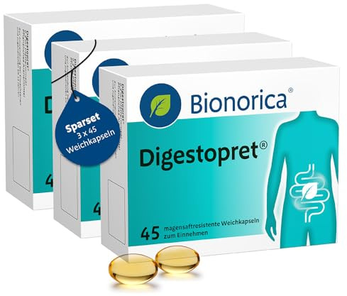 Digestopret bei Darmbeschwerden im Sparset 3 x 45 magensaftresistente Weichkapseln – lindert Krämpfe, löst Blähungen und kann Völlegefühl reduzieren mit Hilfe der Natur: hochdosiertes Pfefferminzöl
