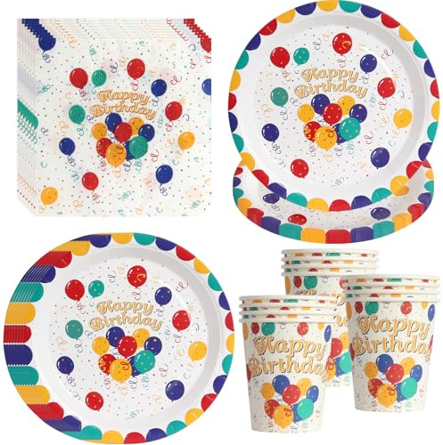 PYAILI 52 Pcs Birthday Party Tableware Set | Paper Plates, Colorful Party Plates, Cups, Napkins, Birthday Paper Plates for 16 Guests-Balloon Pattern