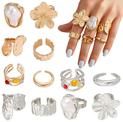 XoeLLe 12 Stück Vintage Punk Ringe Set Stapelbare Ringe Chunky | in Gold und Silber Töne für Männer Frauen Offene Verstellbare Knuckle für Täglichen Stil Besondere Anlässe Dicke Statement