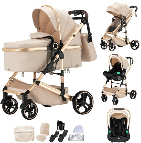 Shineey Kinderwagen 3 in 1,Faltbarer Puppenwagen Set,Reisesysteme kinderwagen Kinderkarre komplettset Neugeborener One-touch Folding + Car Seat Rahmen Aluminiumlegierung(H9/BEIGE, H9)