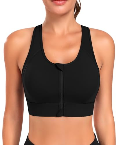 JoyGirl Sport BH Damen Starker Halt Push Up Ohne Bügel Yoga BH Reißverschluss Vorne Seamless Sport Bustier für Fitness Lauf Joggen (Schwarz,L)
