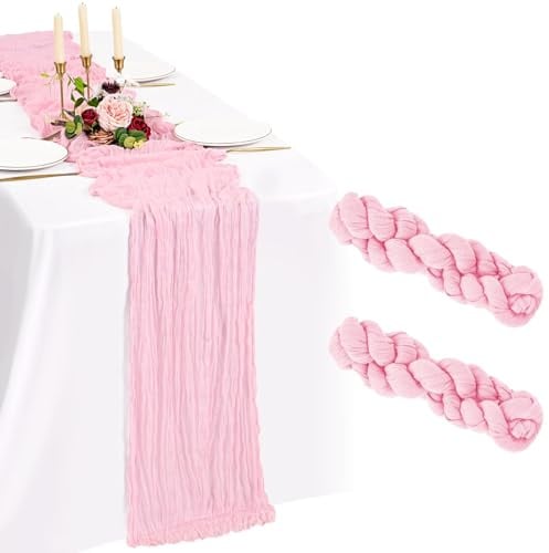 Showgeous Lot de 2 Chemins de Table Rose Clair 55x300cm Mode Chemin de Table Bohèmes en Gaze,Boho en Tissu Froissé Mousseline Gaze de Coton Rustique pour Mariage,Fête Prénatale Décorations de Table