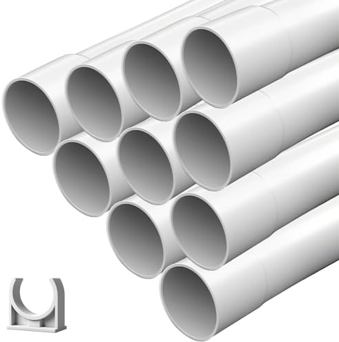 Installationsrohr M32 gemufft 10m, VPE-Rohre mit 20x Klemmschellen, Kabelrohr starr PVC, Rohr gemufft, Weiß