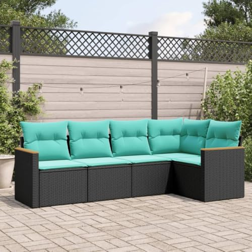 QUAHEAS 5-teiliges Gartensofa-Set, schwarzes Polyrattan mit blauen Kissen, modulares Lounge-Möbel für Terrasse, Balkon und Garten, UV-beständig