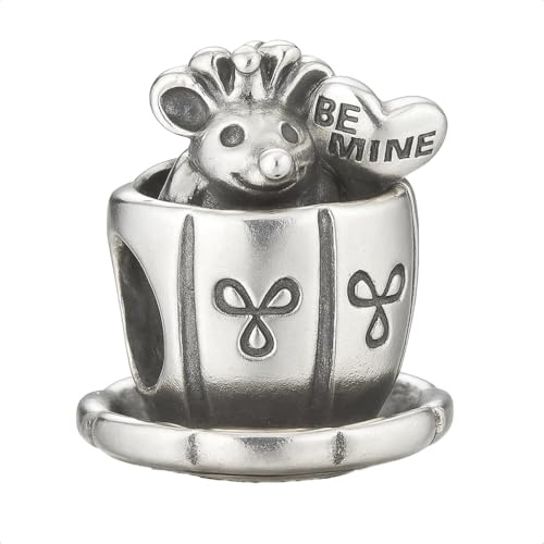 Be Mine Teacup Charm Bead for Pandora Moments Girls Women Her Bracelets Genuine 925 Sterling Silver Cup & Saucer with Mouse & Heart 16th 18th 21st - Happy Birthday Gift Box