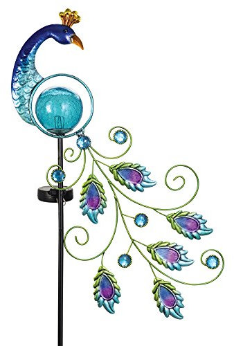 Bits and Pieces - Wunderschöner solarbetriebener Pfauen-Gartenstecker – schöne Gartendekoration – eleganter Solarstecker aus Metall und Glas erzeugt atemberaubendes Leuchten den ganzen Abend