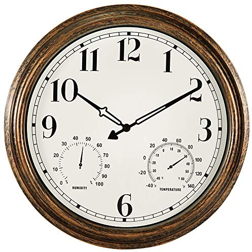 16 Inch Large Outdoor Wall Clock,Waterproof Vintage Non-Ticking Clock with Thermometer and Hygrometer Combo,Battery Operated Clock Wall Decorative- Bronze