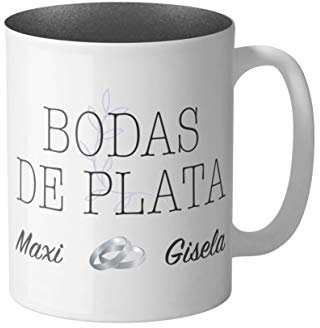 AR Regalos Taza Bodas de Plata Personalizada, Interior Purpurina | Detalle para Bodas de Plata