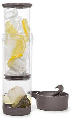 Goodful Press and Go Iced Tumbler For Loose Leaf or Bagged, Double Wall Travel Tea Mug with Stainless Steel Infuser, Leakproof, Dishwasher Safe, Plastic, Gray