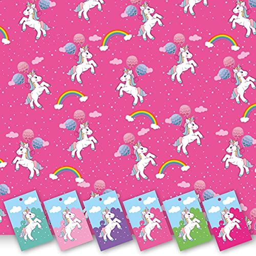 Rosa Einhorn-Geschenkpapier. 5 XL-Blätter (50 x 70 cm). Geschenkverpackung mit passenden Anhängern. Schneidgitter auf der Rückseite.