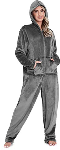 CityComfort Combinaison Pyjama Femme, Grenouillère Femme Pyjama Onesie Tout en Un en Polaire S-XL (Gris Foncé, L)