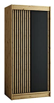 MEBLE KRYSPOL Schwebetürenschrank LAMELO mit Zierstreifen, Kleiderschrank mit 2 Kleiderstange, Modern Design (100 cm)