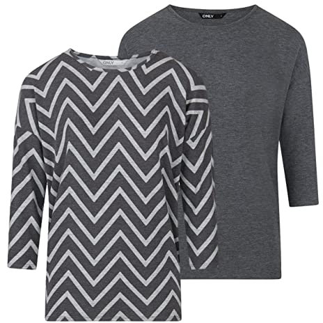 ONLY Damen Top ONLGLAMOUR 2er Pack 3/4 Ärmel Basic Shirt Rundhals Loose Fit Langarmshirt Oberteil Muster Aufdruck Sommer L Grau, Größe:L, Farbe:Dark Grey Melange (15289509)