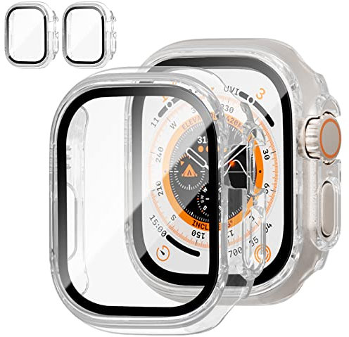 JZK Lot de 2 coques avec protecteur d'écran en verre trempé pour Apple Watch Ultra 2 (2023)/Ultra 49 mm, protection complète en polycarbonate rigide mince pour iWatch 49 mm, transparent