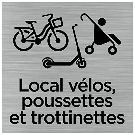 Pictogramme Local vélos, poussettes et trottinettes (Q1031). Signalisation Porte 150 x 150 mm. Autocollant souple ou plaque alu brossé 2 mm ep. - Plaque aluminium brossé - Plaque aluminium brossé -